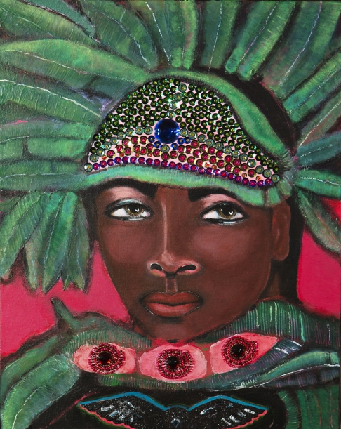 Mardi Gras Indian - Original Painting by Nancy Wolfe Kimberly | Acrylic paint, molding paste, varnish, sequins, and beads on canvas. Mardi Gras Indian - Original Painting